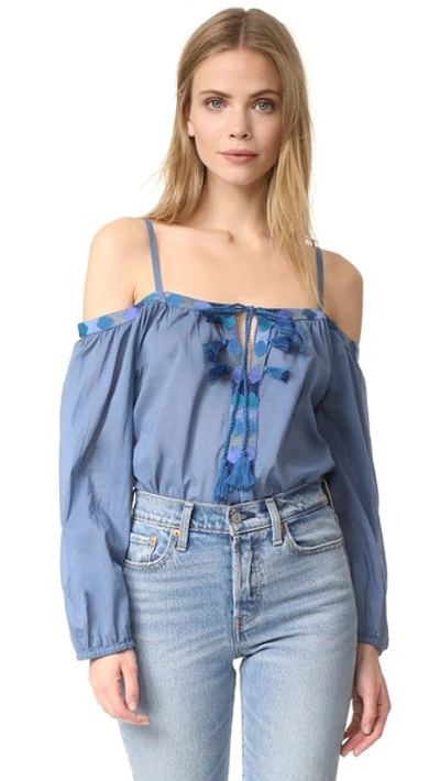 Christophe Sauvat Collection Caracas Off The Shoulder Tassel Top In Blue/blue