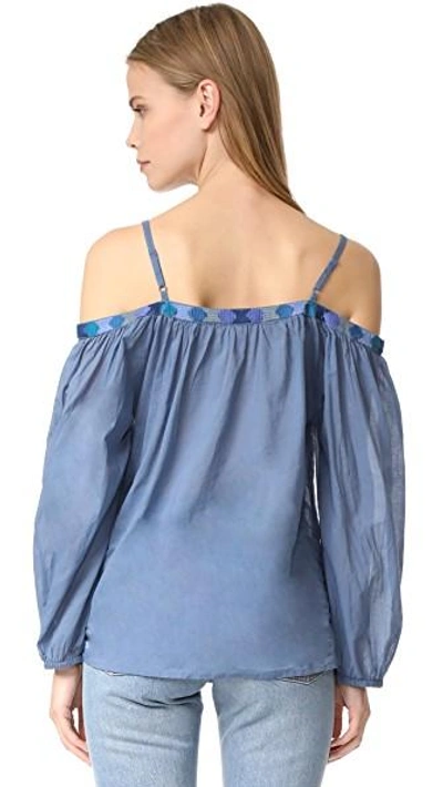 Shop Christophe Sauvat Collection Caracas Off The Shoulder Tassel Top In Blue/blue