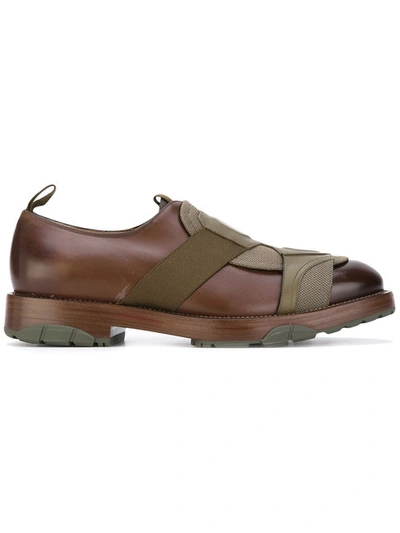 Ferragamo Burnished Leather Slip On Oxfords With Mixed Media Overlay In Brown