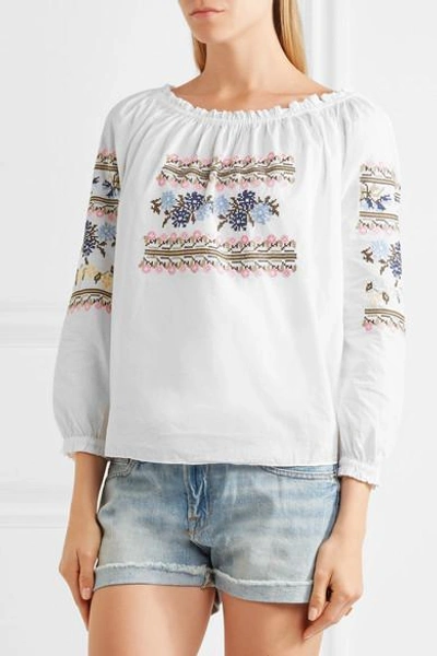 Shop Needle & Thread Off-the-shoulder Embroidered Cotton-poplin Blouse In White