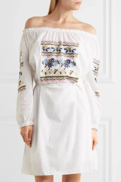 Shop Needle & Thread Off-the-shoulder Embroidered Cotton-poplin Mini Dress In White