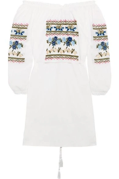 Shop Needle & Thread Off-the-shoulder Embroidered Cotton-poplin Mini Dress In White