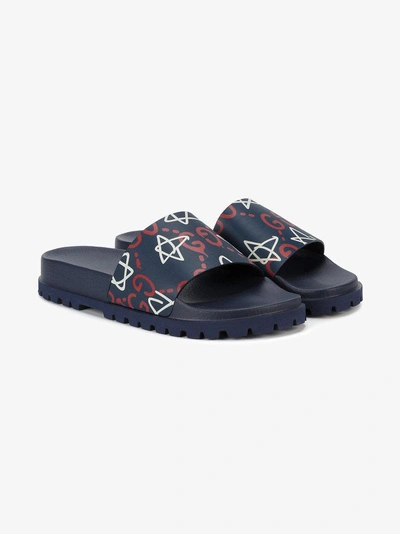 Shop Gucci Ghost Star Print Pool Slides In Blue