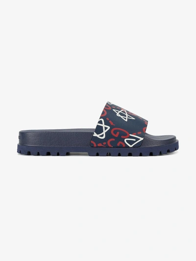 Shop Gucci Ghost Star Print Pool Slides In Blue