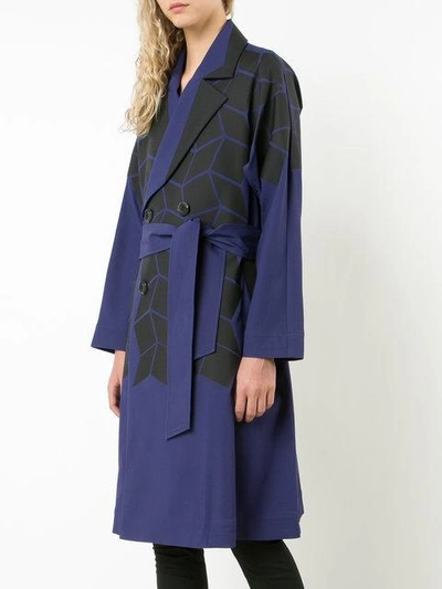 Shop Issey Miyake Geometric Print Trench Coat - Blue