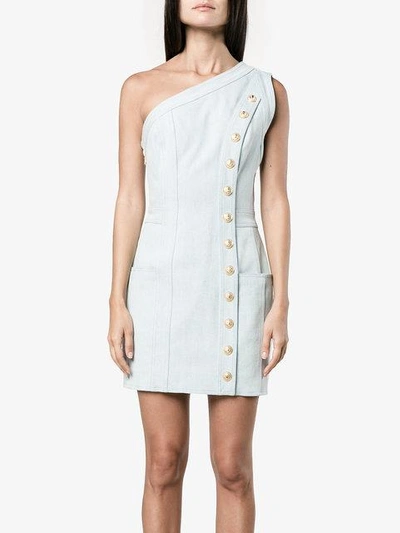 Shop Balmain One Shoulder Denim Mini Dress