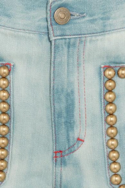 Shop Gucci Studded Embroidered Mid-rise Flared Jeans In Mid Denim