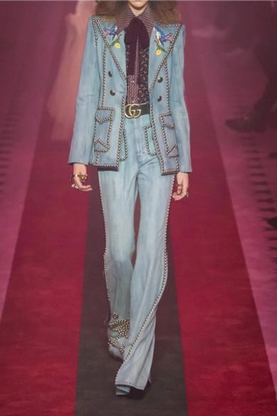 Shop Gucci Studded Embroidered Mid-rise Flared Jeans In Mid Denim
