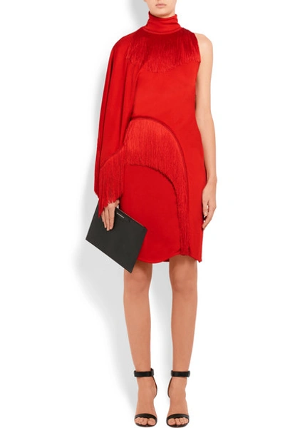Shop Givenchy One-shoulder Fringed Jersey Turtleneck Mini Dress