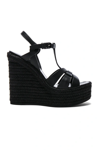 Saint Laurent Jute Wedge Leather Sandals In Black