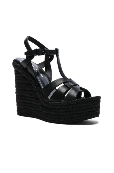 Saint Laurent Jute Wedge Leather Sandals In Black