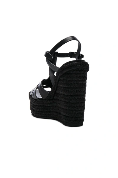 Saint Laurent Jute Wedge Leather Sandals In Black