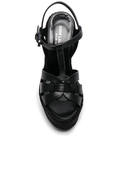 Saint Laurent Jute Wedge Leather Sandals In Black