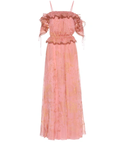 Valentino Off-the-shoulder Ruffled Printed Silk-chiffon Gown In Rose