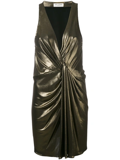 Saint Laurent Lam&eacute; Twist-front Minidress In Gold