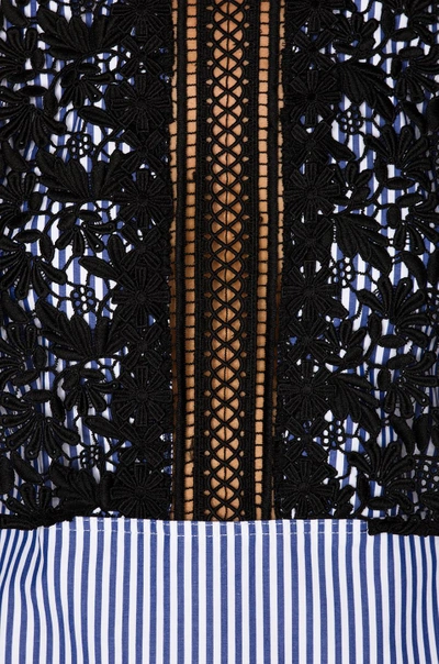 Shop Self-portrait Stripe Shirting Cape Dress In Black, Blue, Stripes, White. In Navy