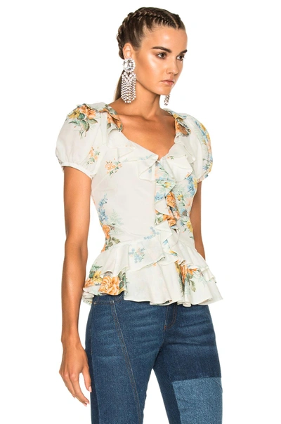 Shop Alexander Mcqueen Printed Ruffle Blouse In Blue, Green, Floral, Orange, White. In Ivory