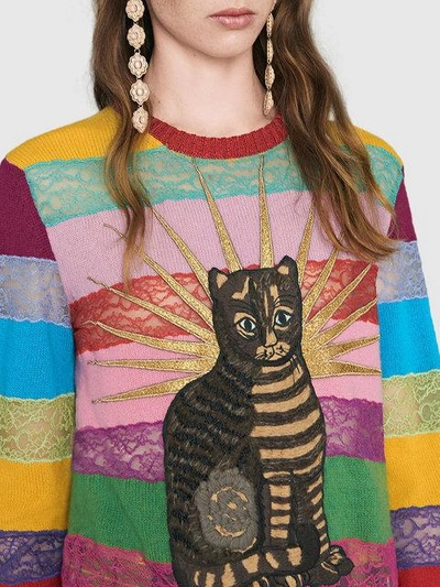 Shop Gucci Embroidered Merino And Lace Knit Top - Multicolour
