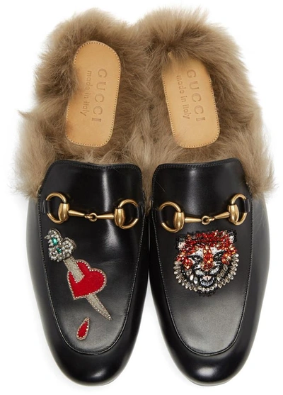GUCCI BLACK LION AND PIERCED HEART PRINCETOWN SLIP-ON LOAFERS