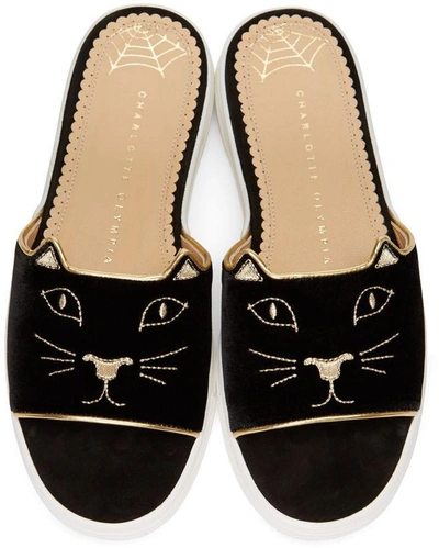 Shop Charlotte Olympia Black Velvet Kitty Pool Slides