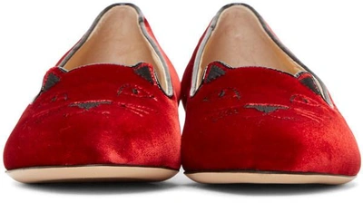 Shop Charlotte Olympia Red Velvet Kitty Flats