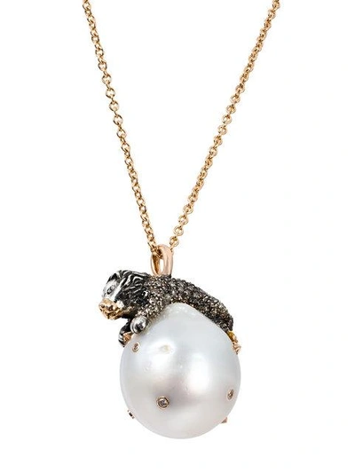 Shop Bibi Van Der Velden 18k Rose Gold Diamond Lion On Pearl Necklace In Metallic