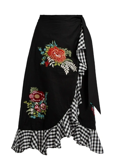 House Of Holland Floral-embroidered Ruffle-trimmed Cotton Skirt In Black