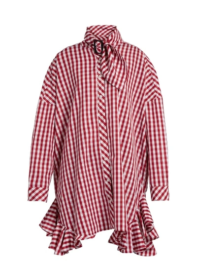 House Of Holland Ruffle-trimmed Gingham Shirtdress In Candy-red And White.