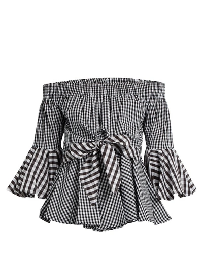 House Of Holland Off-the-shoulder Cotton-gingham Top In Black And White