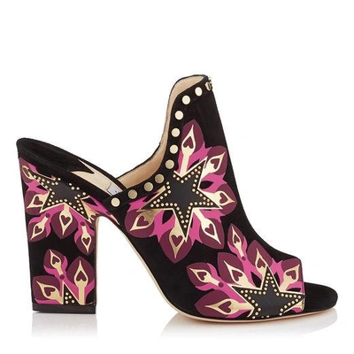 Shop Jimmy Choo Hustle 100 Black Suede Mules With Pink Galaxy Star Print And Studs In Black/pink Mix