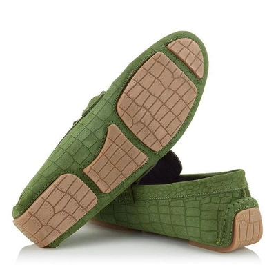 Shop Jimmy Choo Brogan Light Olive Crocodile Printed Dry Suede Driving Shoes