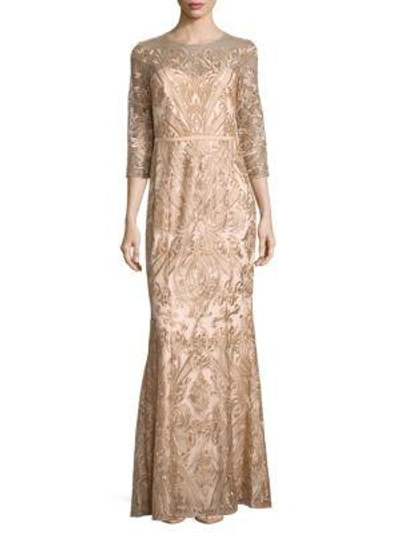 Marchesa Three-fourth-sleeve Embroidered Dress In Blush