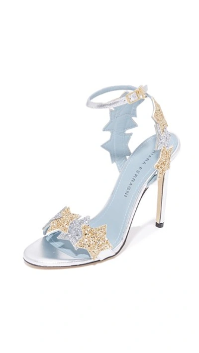 Chiara Ferragni 110mm Stars Glitter Wrap Around Sandals, Silver/gold In Silver Gometallico