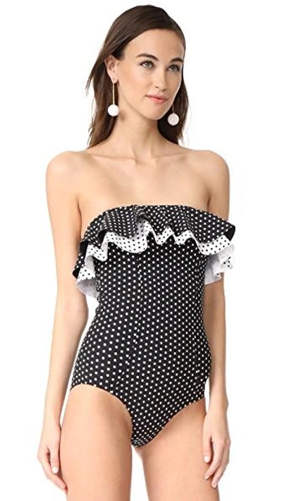 Shop Lisa Marie Fernandez Sabine Double Ruffle Maillot In Black Bonded/white Polka Dot