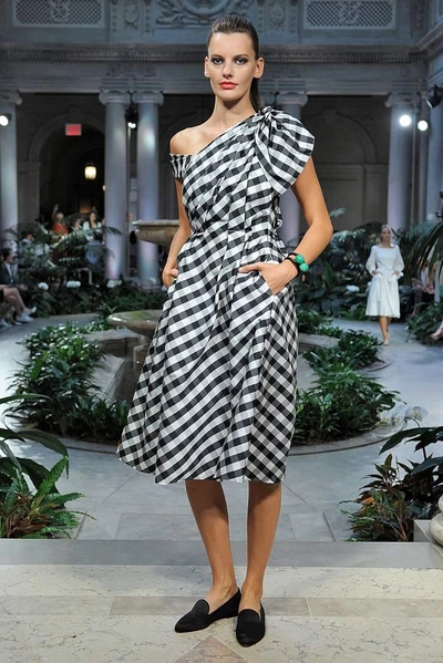 Shop Carolina Herrera Gingham Taffeta Draped Midi Dress