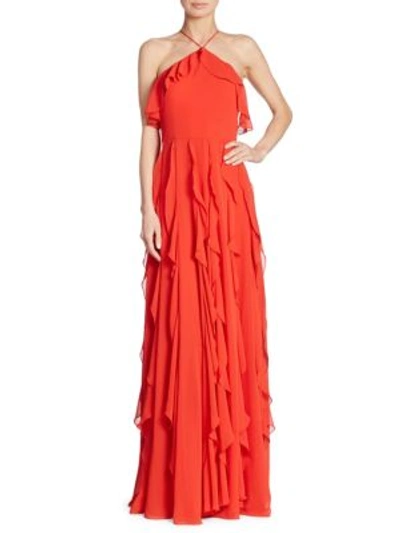 Kay Unger Ruffled Halterneck Gown In Tomato