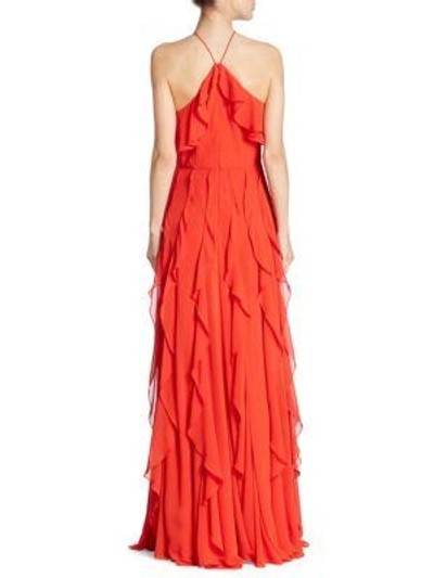 Shop Kay Unger Ruffled Halterneck Gown In Tomato