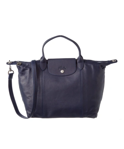 Longchamp Le Pliage Cuir Medium Leather Top Handle In Navy