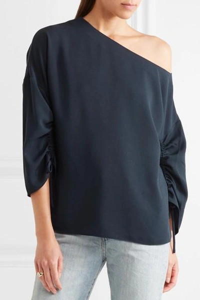 Shop Tibi One-shoulder Crepe Top In Navy