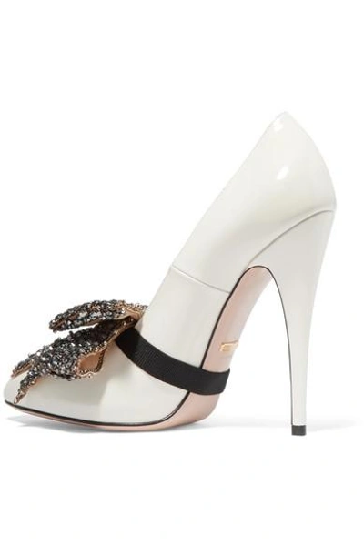 Shop Gucci Bow-embellished Patent-leather Pumps In White