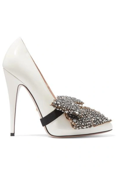 Shop Gucci Bow-embellished Patent-leather Pumps In White