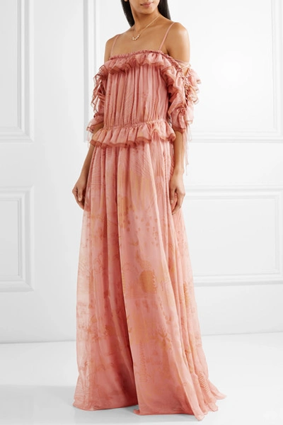 Shop Valentino Off-the-shoulder Ruffled Printed Silk-chiffon Gown