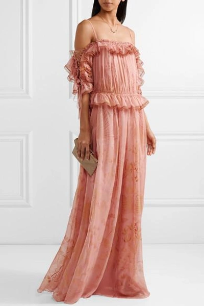 Shop Valentino Off-the-shoulder Ruffled Printed Silk-chiffon Gown