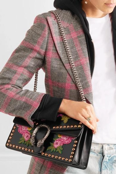 Shop Gucci Dionysus Studded Appliquéd Leather Shoulder Bag In Black