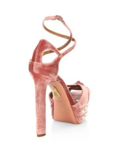 Shop Aquazzura Harlow Velvet Pearls Platform Sandals In Antique Rose