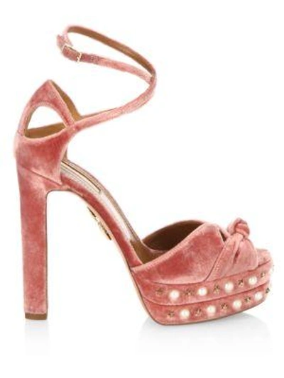 Shop Aquazzura Harlow Velvet Pearls Platform Sandals In Antique Rose