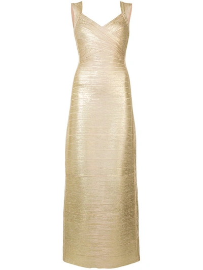 Herve Leger V-neck Gown In Yellow/orange