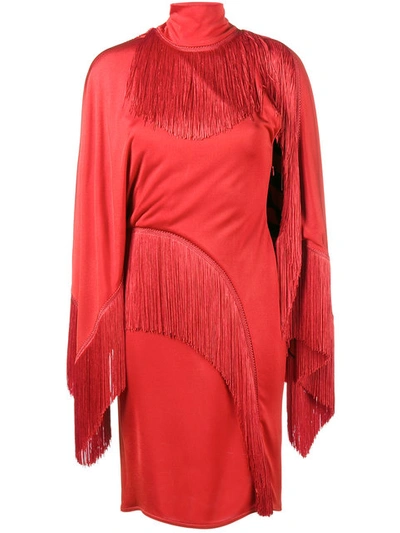 Givenchy One-shoulder Fringed Jersey Turtleneck Mini Dress In Red