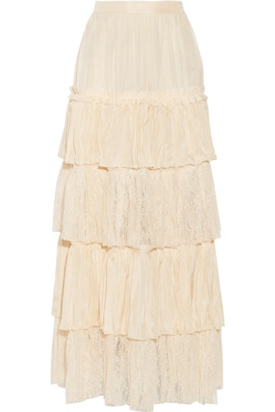 Shop Gucci Tiered Silk-satin And Lace Maxi Skirt In Cream
