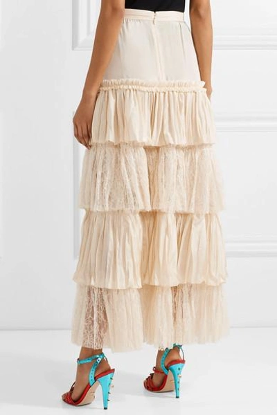 Shop Gucci Tiered Silk-satin And Lace Maxi Skirt In Cream